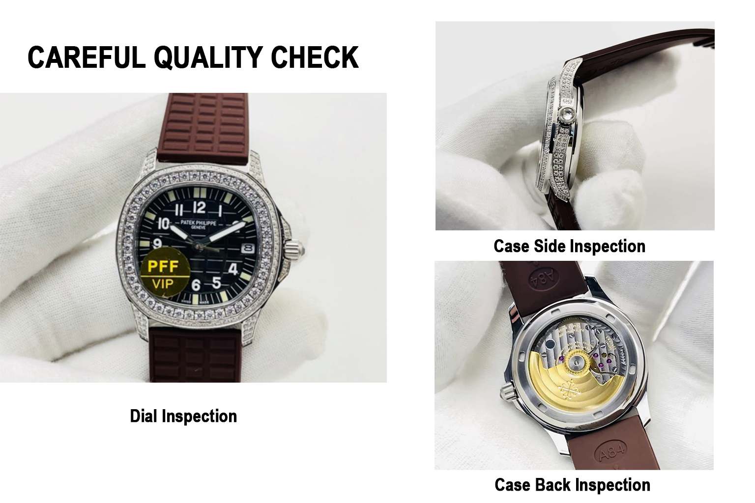 PFF Factory Patek Philippe Aquanaut Luce 5067A Replica Black Embossed Dial Diamond Bezel Brown Rubber Strap Ladies Watch QC Check