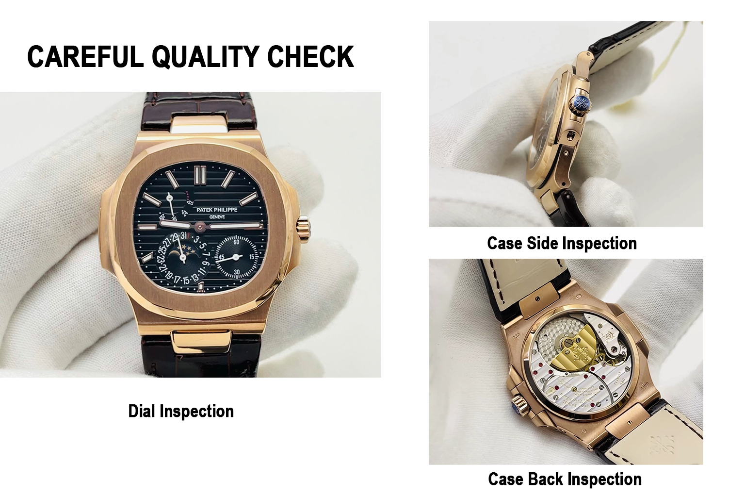 GR Factory Patek Philippe Nautilus 5712R-001 Replica Black Dial Brown Leather Strap Rose Gold Tone Case 40mm Watch QC Check