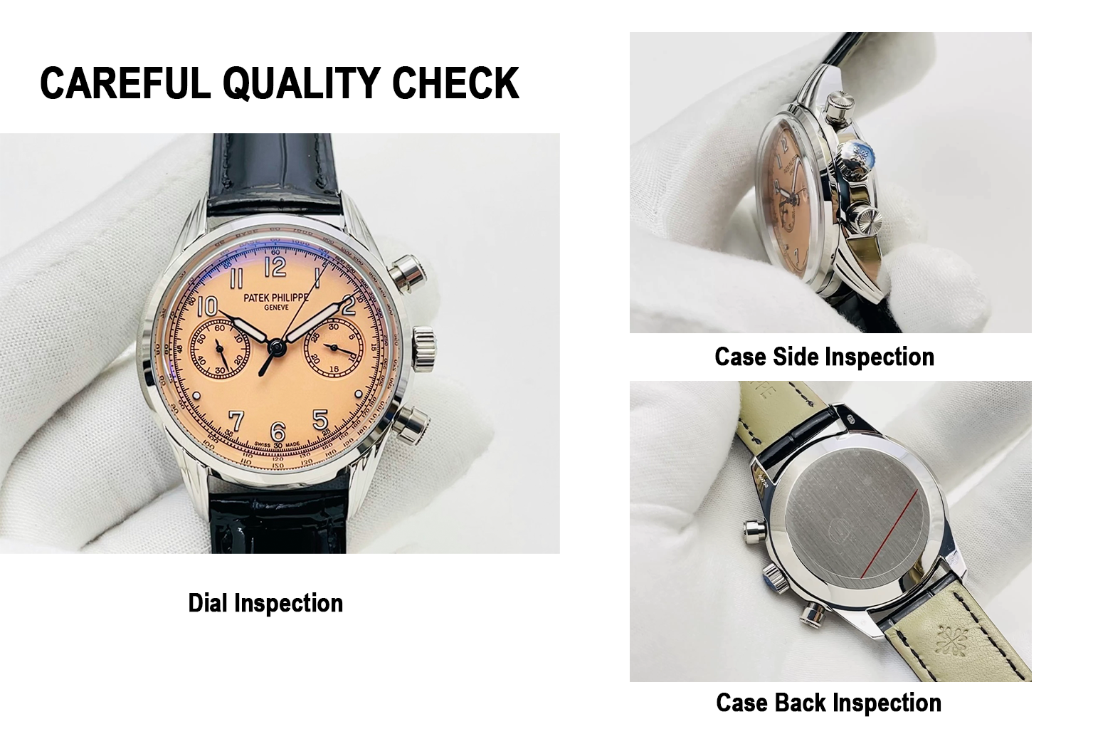 Patek Philippe Complications 5172G-010 Replica Rose Opaline "Salmon" Dial Black Leather Strap 41mm Chronograph Watch QC Check