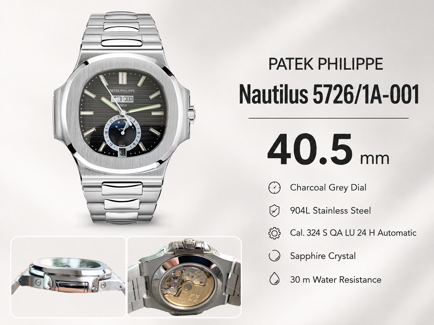 Patek Philippe Nautilus 5726/1A-001 Replica Black Gradient Dial Annual Calendar Moonphase Automatic 40.5mm Watch Details Show
