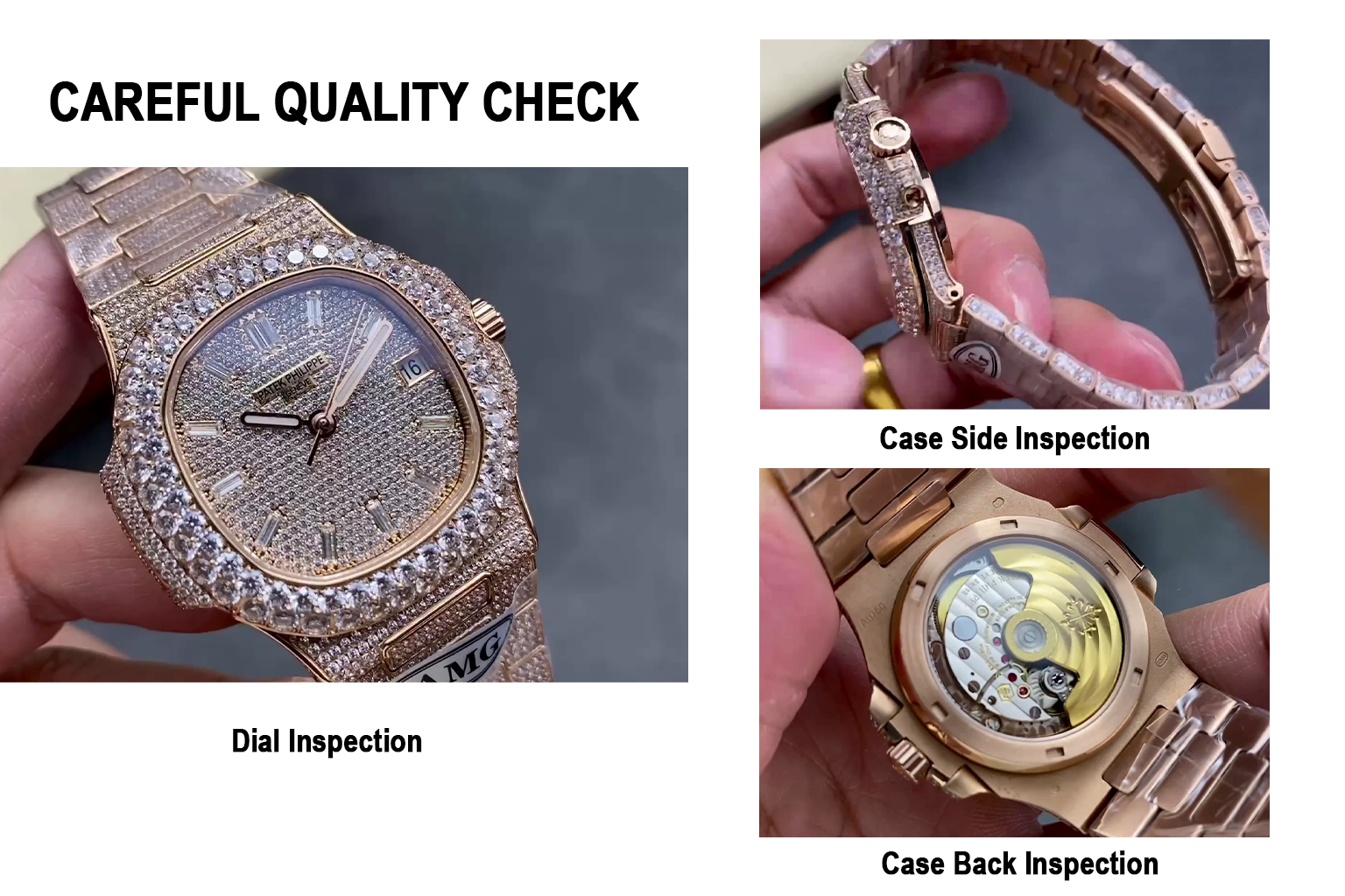 Luxury AMG Patek Philippe Nautilus 5711 Full Diamond Pavé Dial Baguette Markers Diamond-Set Bracelet Rose Gold Watch QC Check