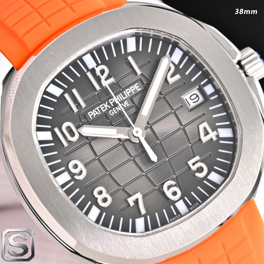 Replica Patek Philippe Aquanaut 5167/1A-001 Grey Dial 38mm 904L Stainless Steel Case Orange Rubber Strap Luxury Watch Dial Close-up