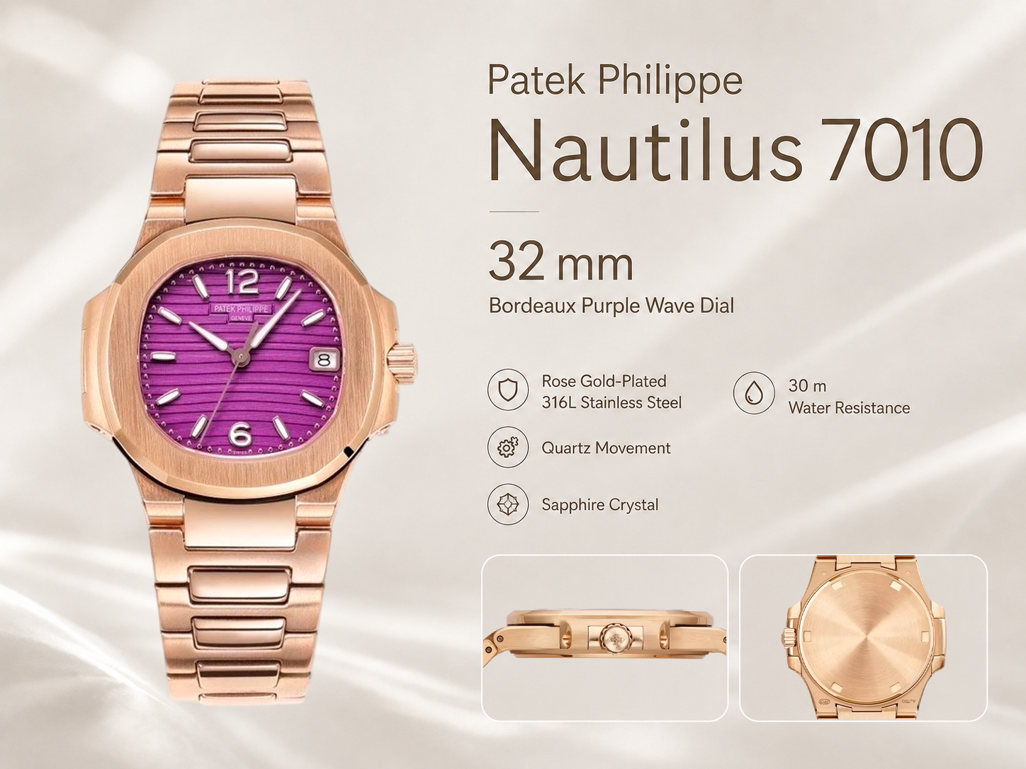 Luxury Patek Philippe Nautilus 7010 Replica Bordeaux Purple Wave Dial 32mm Rose Gold-Tone Case Women’s Watch Details Show