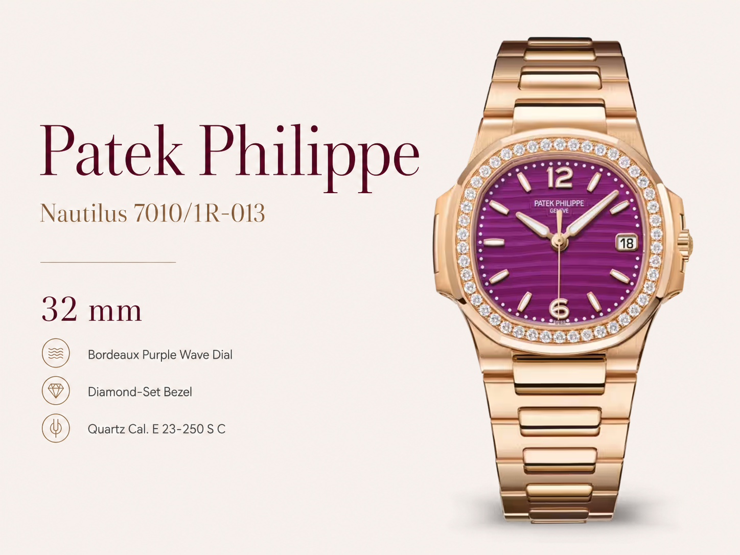 1:1 Super Clone Patek Philippe Nautilus 7010/1R-013 Replica Lacquered Purple Wave Dial Diamond Bezel 32mm Ladies Watch Details Show