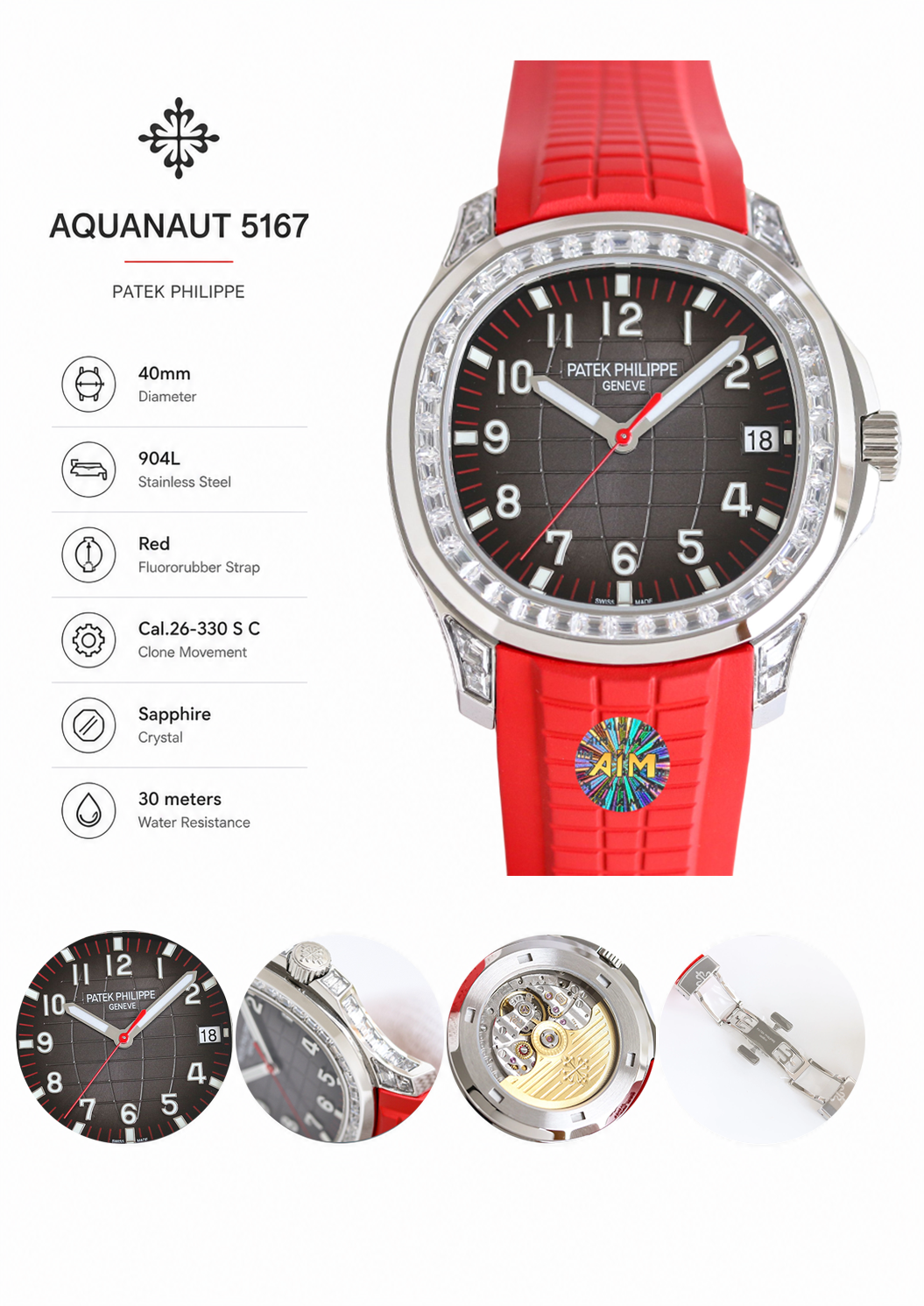 AIM Super Clone Patek Philippe Aquanaut 5167 Replica Grey Gradient Dial Watch with Diamond Bezel and Red Rubber Strap Details Show