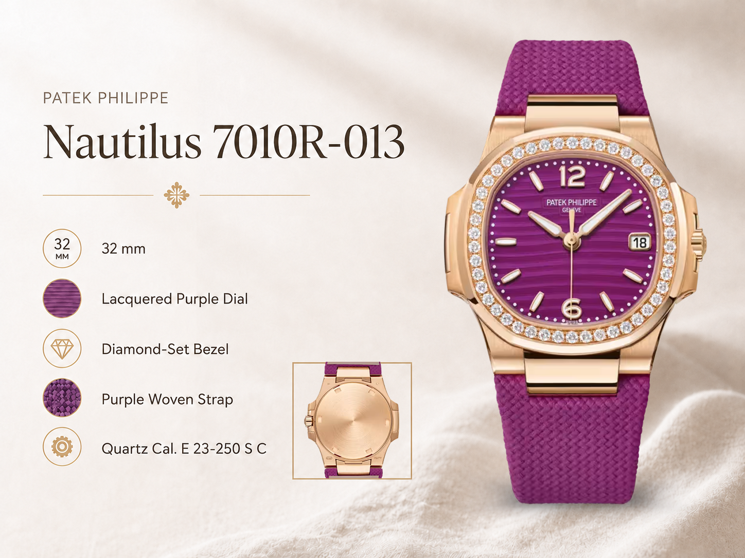 Super Clone Patek Philippe Nautilus 7010R-013 Replica 32mm Purple Wave Dial Diamond Bezel Purple Woven Strap Ladies Watch Details Show