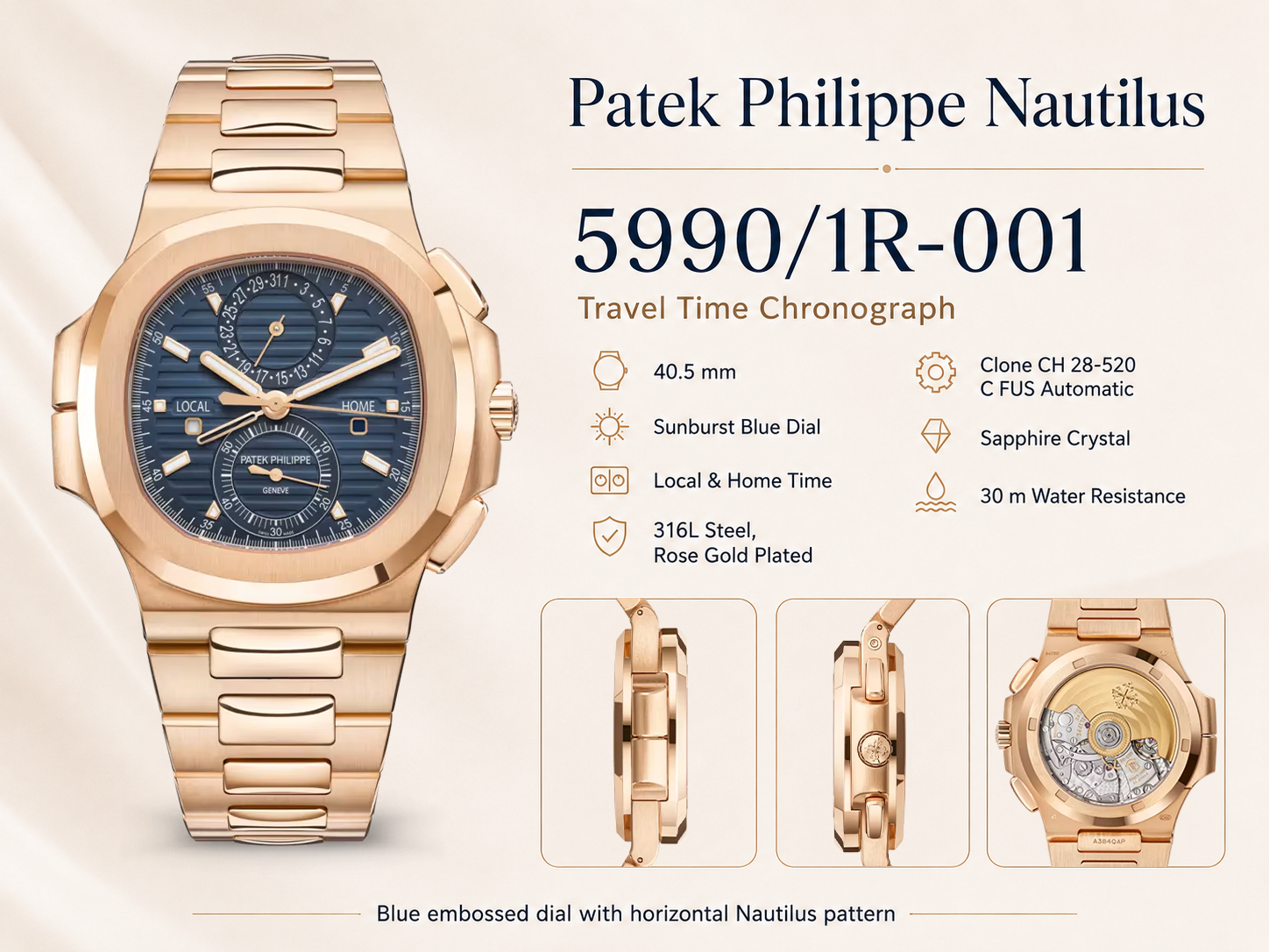 Patek Philippe Nautilus 5990/1R-001 Replica Horizontally Embossed Sunburst Blue Dial Rose Gold Tone Case Super Clone Watch Details Show