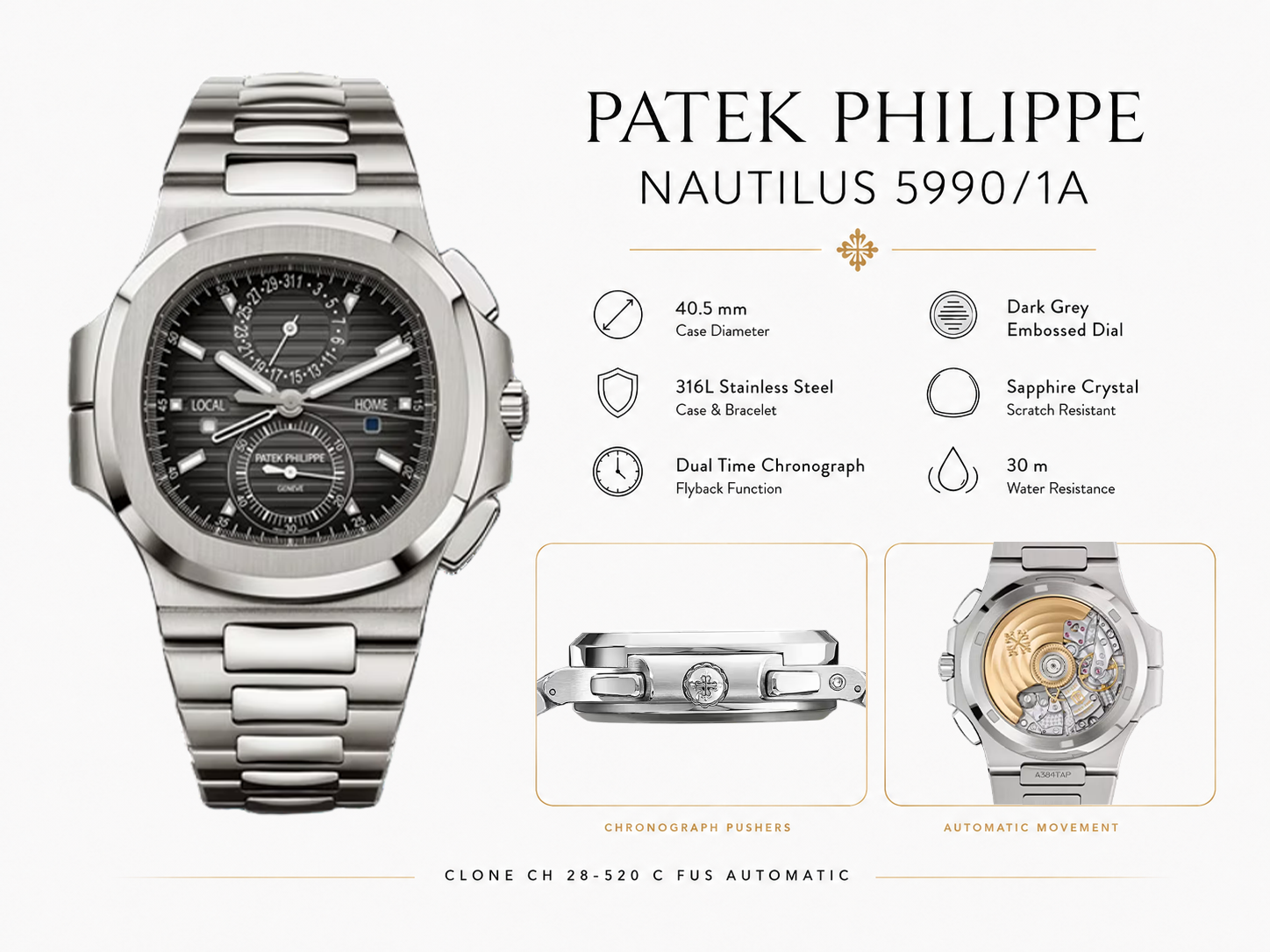 P1 Factory Super Clone Patek Philippe Nautilus 5990/1A Replica Gray Dial 40.5mm Stainless Steel Case Dual Time Watch Details Show