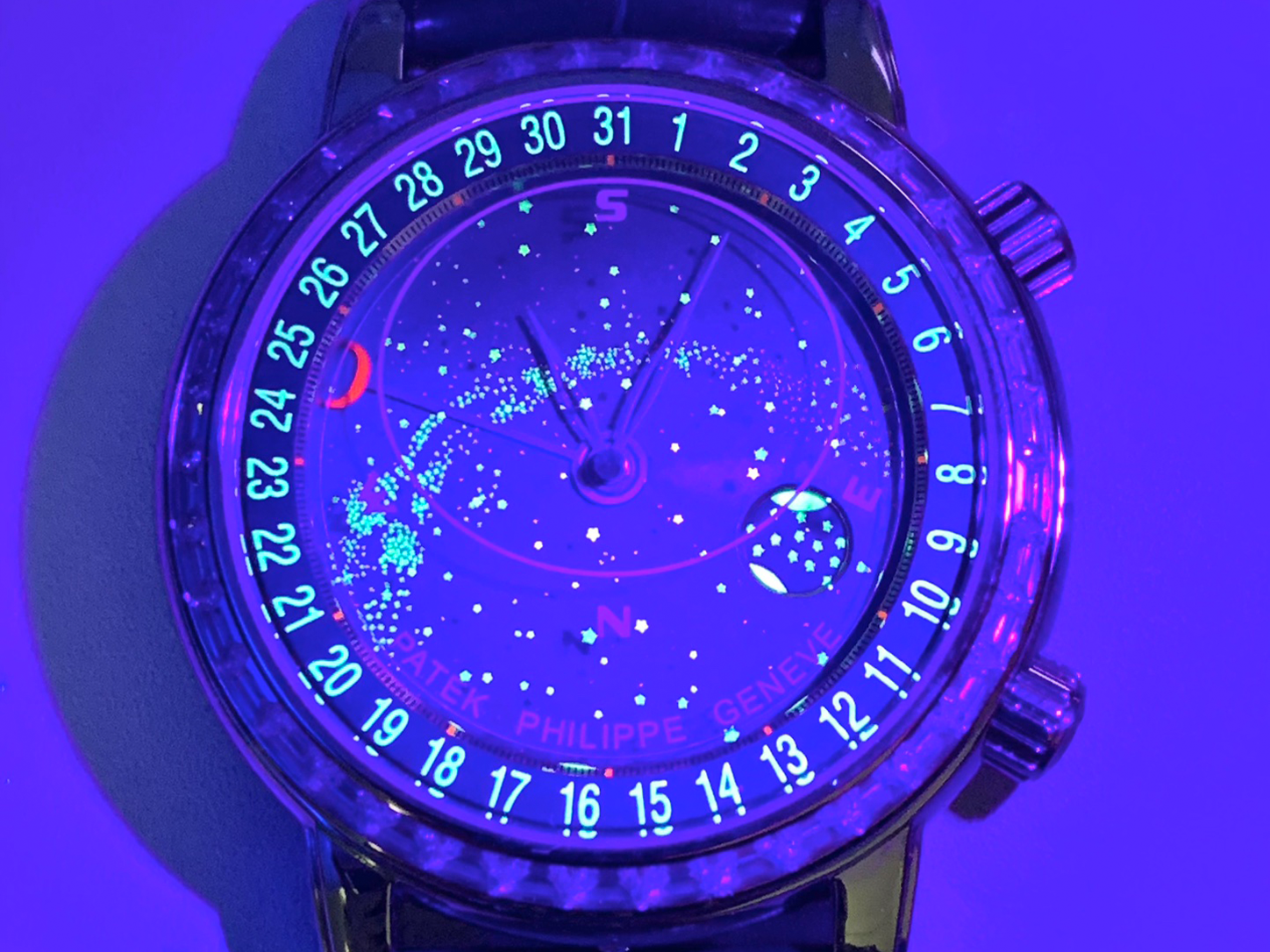 Luxury Patek Philippe Grand Complications Celestial 6104P-010 Replica 44mm Blue Astronomical Dial Baguette-Cut Diamond Bezel Watch Lume Shot