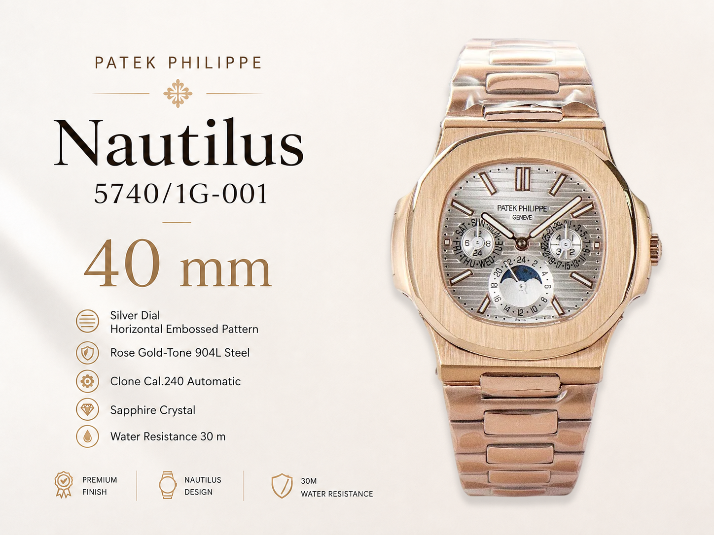 Patek Philippe Nautilus 5740/1G-001 Replica Silver Horizontal Dial 40mm Rose Gold Tone Case Luxury Men's Watch Details Show