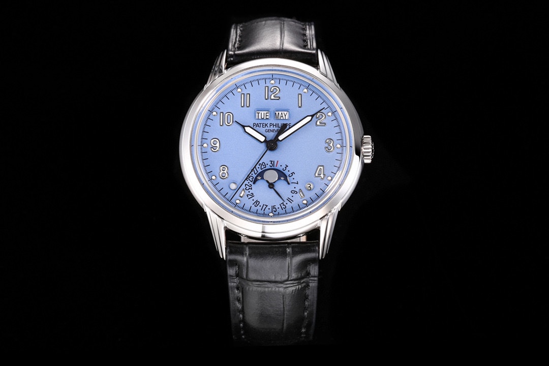 Patek Philippe Grand Complications 5320G-001 with blue dial on black background