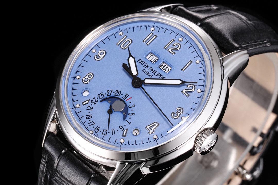 Close-up of Patek Philippe Grand Complications 5320G-001 blue dial with moon phase and calendar display