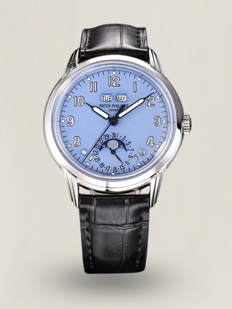 Patek Philippe 5320G-001 watch with blue dial and black leather strap