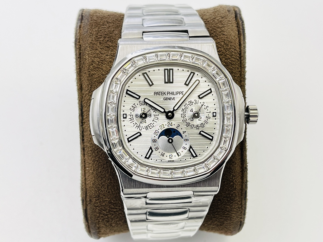 Patek Philippe Nautilus 5740/1G-001 steel watch with diamond bezel and moonphase on display cushion