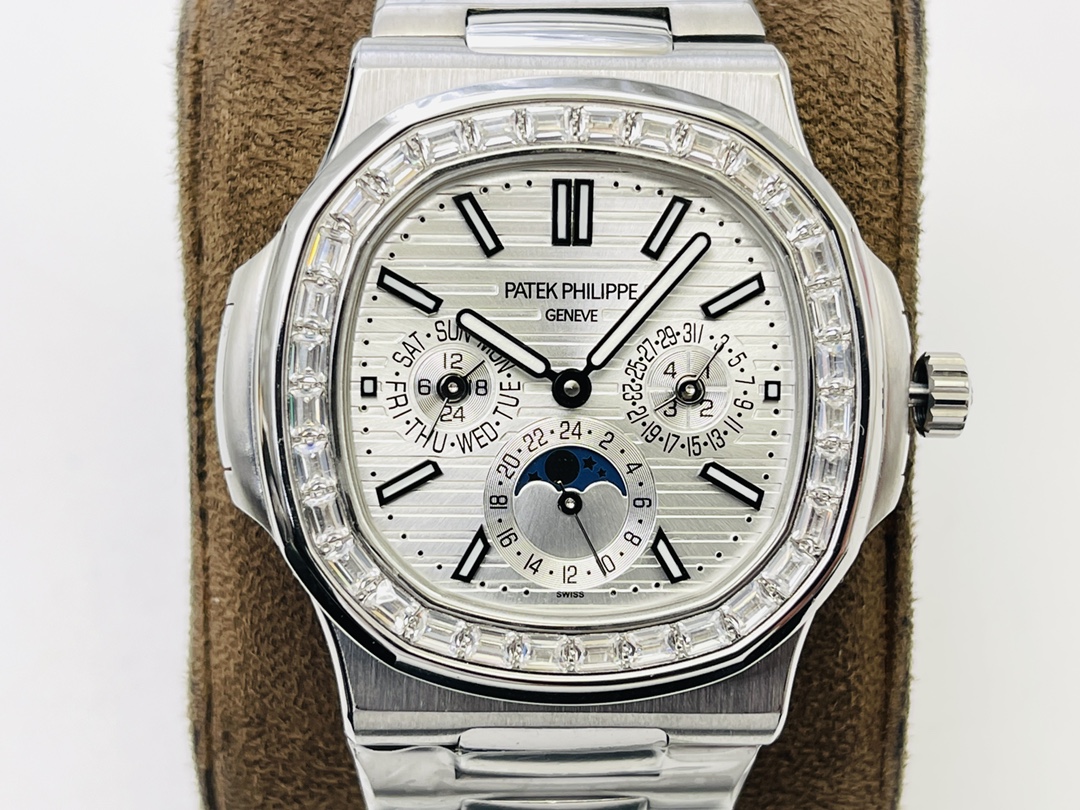 Close-up of Patek Philippe Nautilus 5740/1G-001 watch dial with diamond-set bezel and calendar complications