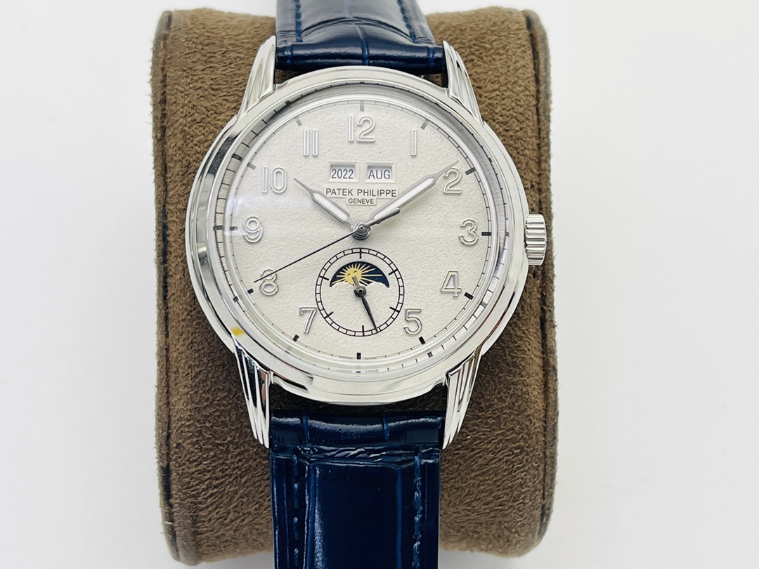 Luxury Patek Philippe Grand Complications watch on display cushion with moonphase and calendar dial