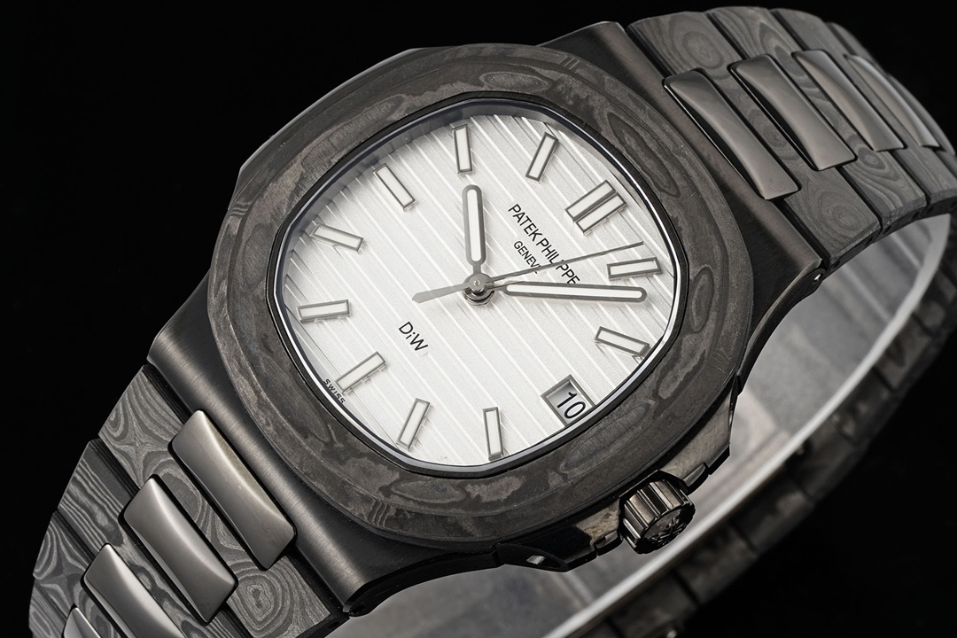 Close perspective of dark composite watch with integrated bracelet and minimalist dial