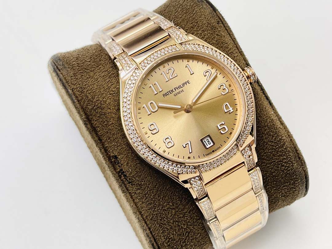 Patek Philippe Twenty~4 7300/1200R-011 Replica Gold Dial Diamond Bezel Angle View