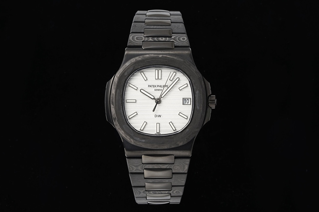 Dark carbon fiber & stainless steel Nautilus 5711 watch with textured silver white dial on black background