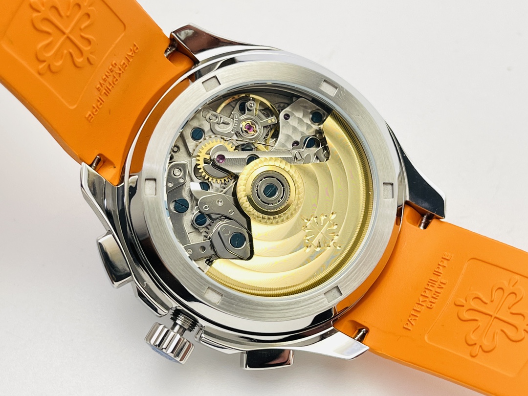 Exhibition case back revealing the mechanical movement of a luxury watch.
