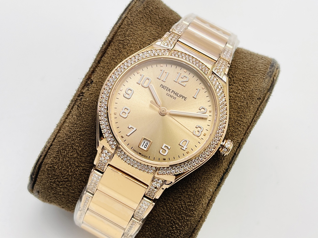 Patek Philippe Twenty~4 7300/1200R-011 Replica Gold Dial Diamond Bezel Dial Detail View