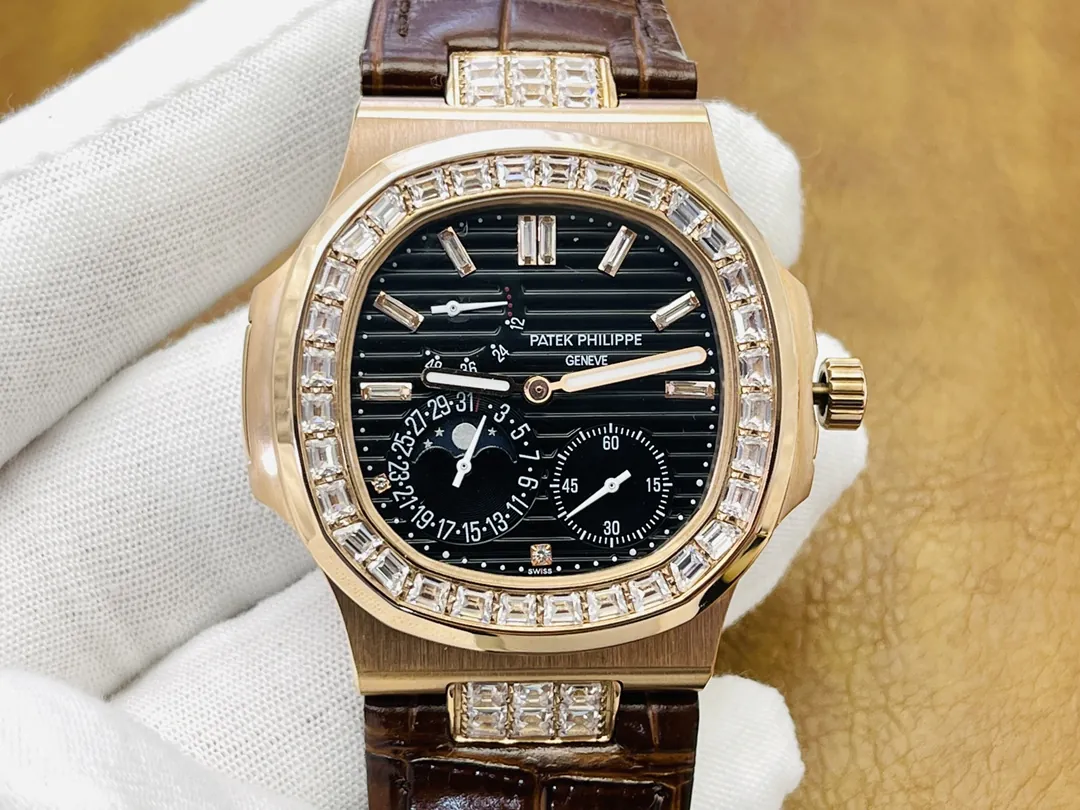 Patek Philippe Nautilus 5724R-001 Replica Luxury Diamond Bezel Watch With Black Dial Front View