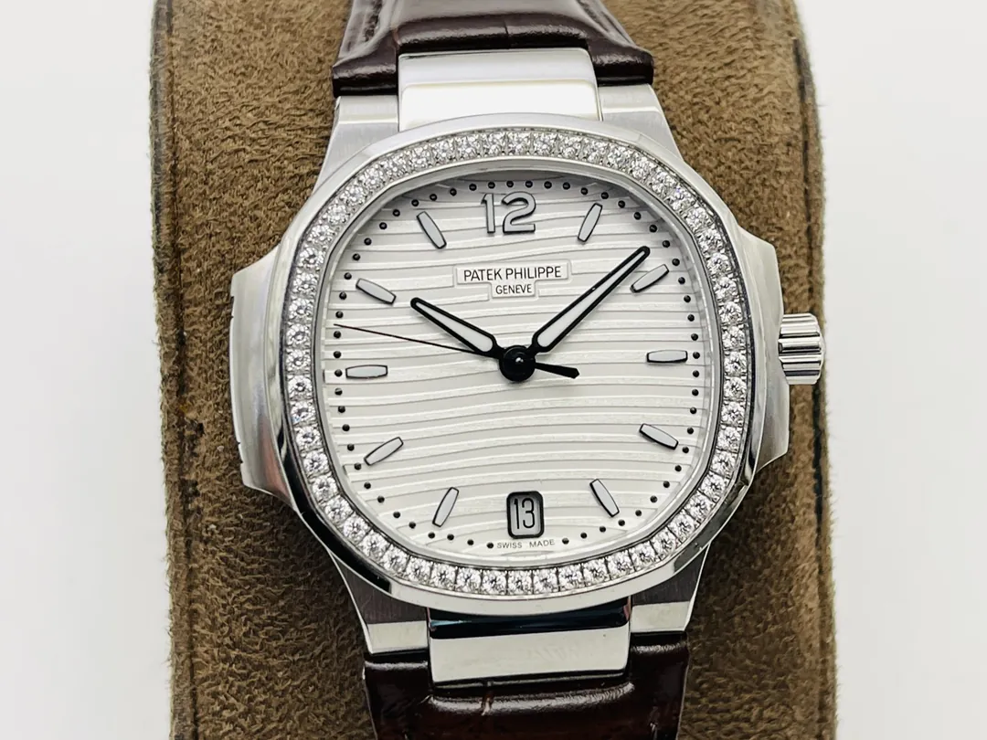 Patek Philippe Nautilus 7018 Replica Watch 35.2mm Silver White Dial Diamond Bezel Luxury Super Clone Watch Dial Side View 1