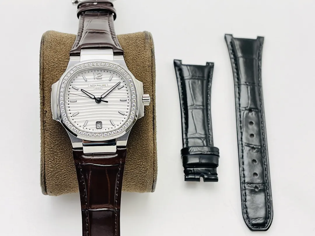 Patek Philippe Nautilus 7018 Replica Watch 35.2mm Silver White Dial Diamond Bezel Luxury Super Clone Watch Front View