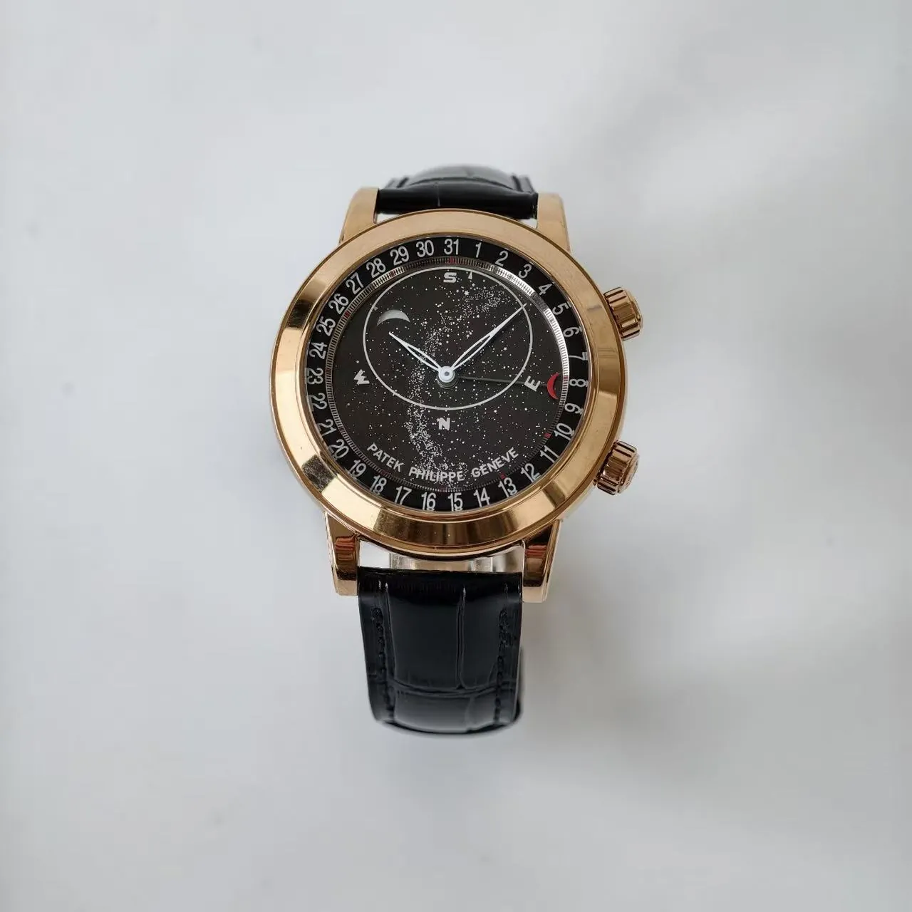 Super Clone Patek Philippe Grand Complication 6102R-001 Replica Rose Gold Plated Case Black Star Dial Luxury Watch centered dial close-up