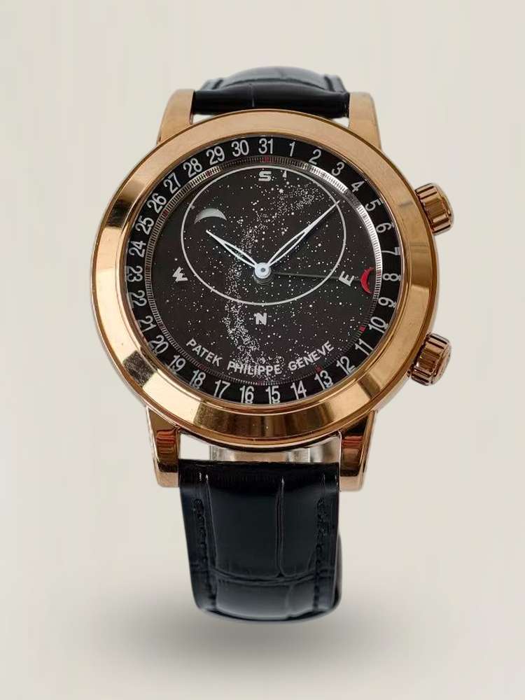 Super Clone Patek Philippe Grand Complication 6102R-001 Replica Rose Gold Plated Case Black Star Dial Luxury Watch front view black leather strap