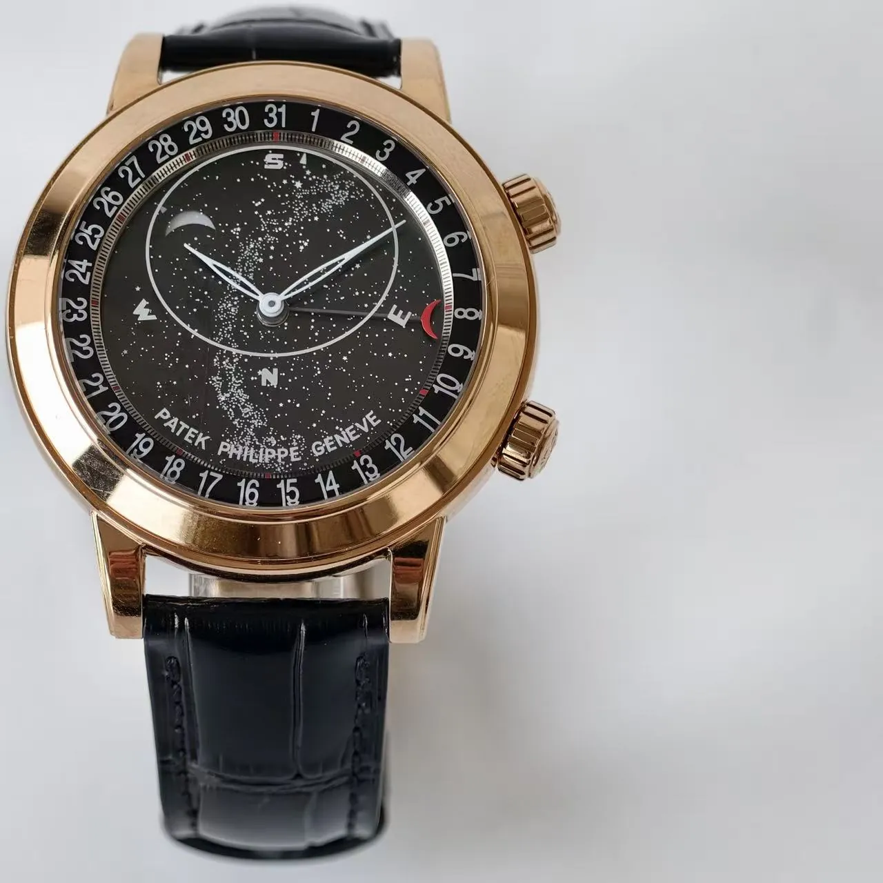 Super Clone Patek Philippe Grand Complication 6102R-001 Replica Rose Gold Plated Case Black Star Dial Luxury Watch angled dial detail