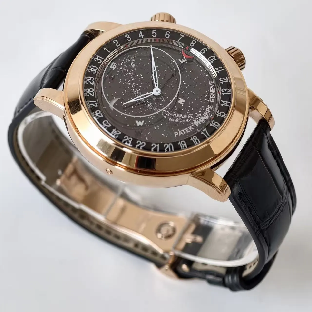 Super Clone Patek Philippe Grand Complication 6102R-001 Replica Rose Gold Plated Case Black Star Dial Luxury Watch case thickness side angle