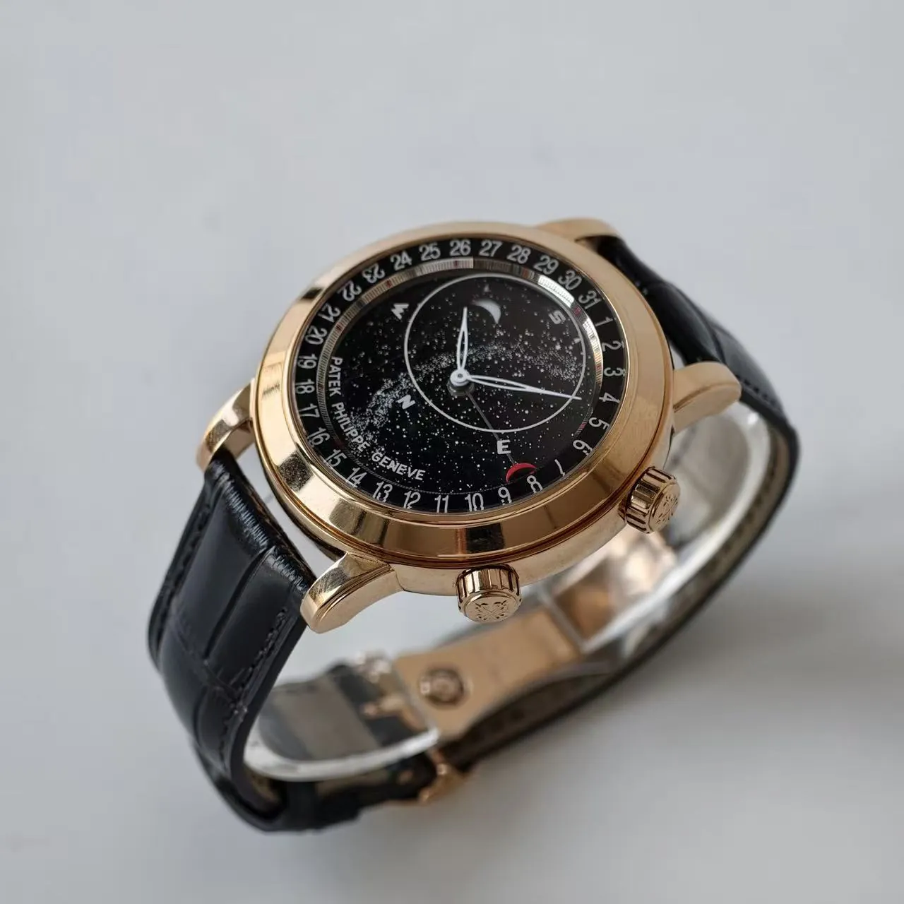 Super Clone Patek Philippe Grand Complication 6102R-001 Replica Rose Gold Plated Case Black Star Dial Luxury Watch side profile crown view