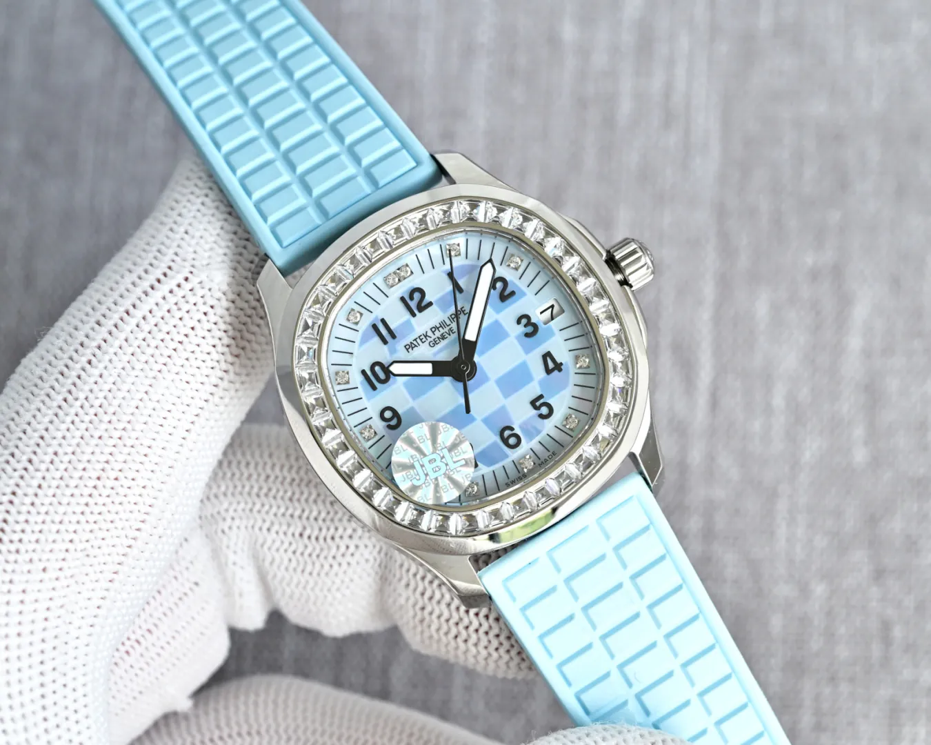 JBL Factory Replica Patek Philippe Aquanaut Luce 5072G-001 Blue Checkered Dial Diamond Bezel Ladies Watch side angle wrist shot