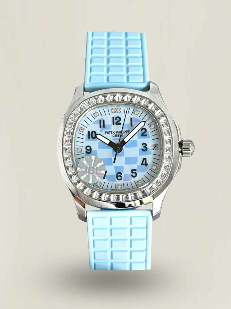 JBL Factory Replica Patek Philippe Aquanaut Luce 5072G-001 Blue Checkered Dial Diamond Bezel Ladies Watch front view 