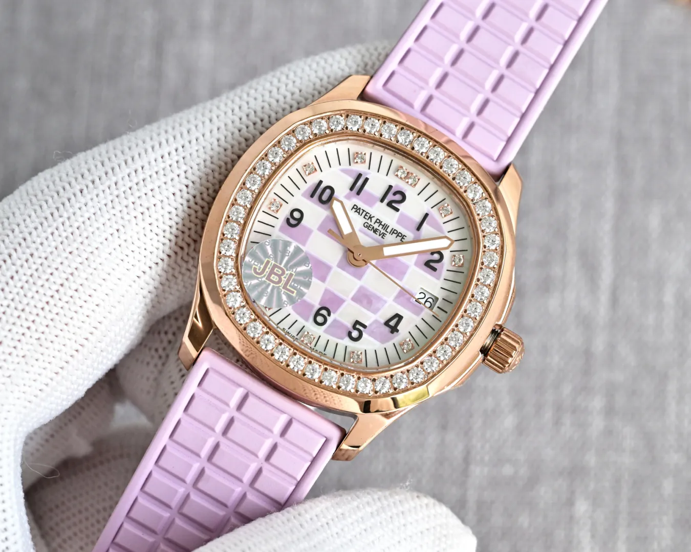 Luxury Patek Philippe Aquanaut Luce 5072R-001 Replica – Purple Mother-of-pearl Dial Ladies Watch, angled bezel view 2