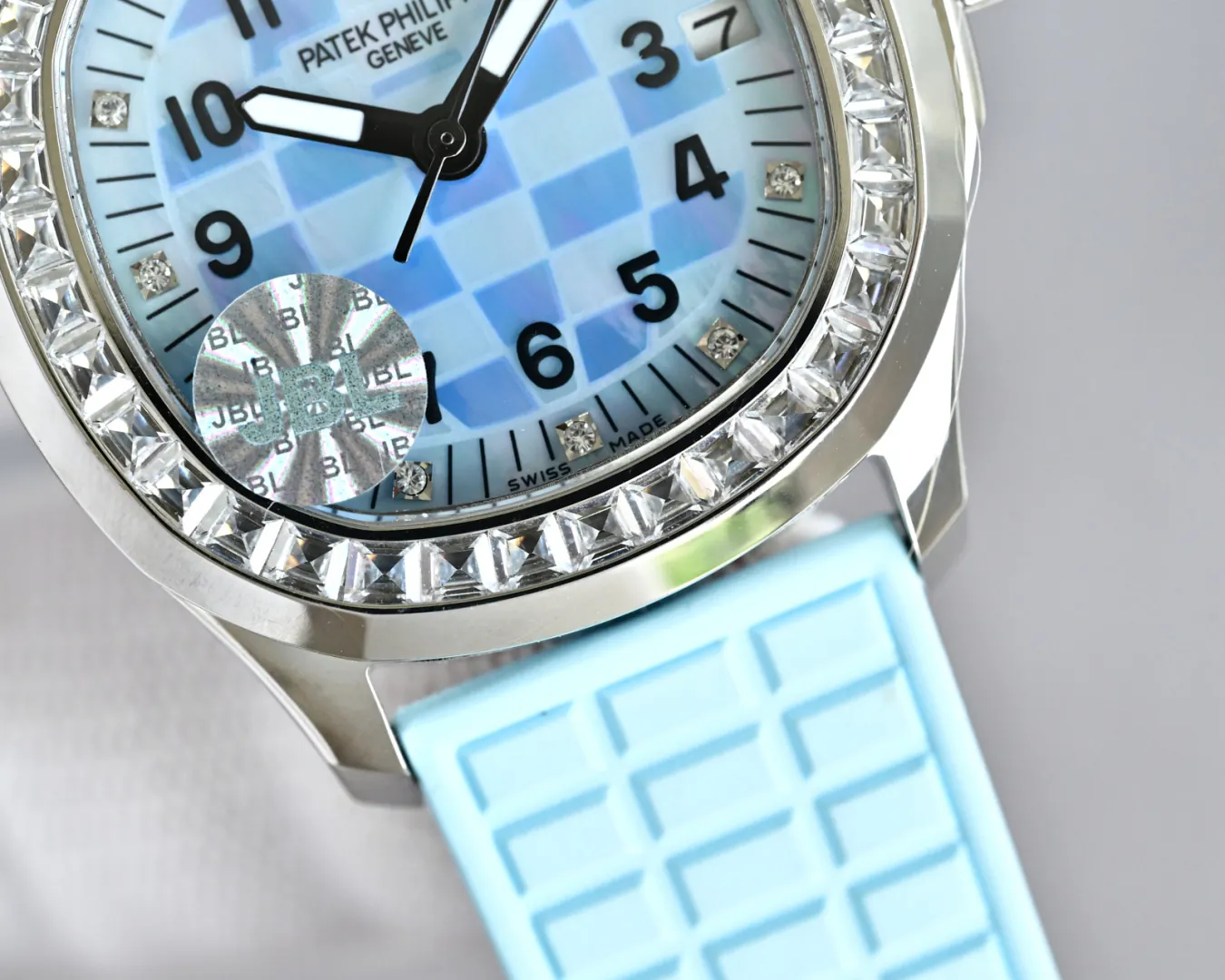 JBL Factory Replica Patek Philippe Aquanaut Luce 5072G-001 Blue Checkered Dial Diamond Bezel Ladies Watch detailed dial close-up