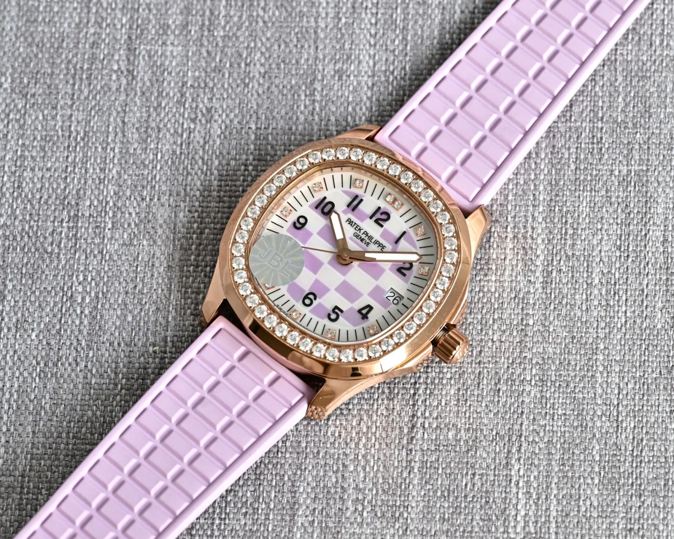 Luxury Patek Philippe Aquanaut Luce 5072R-001 Replica – Purple Mother-of-pearl Dial Ladies Watch, full flat lay