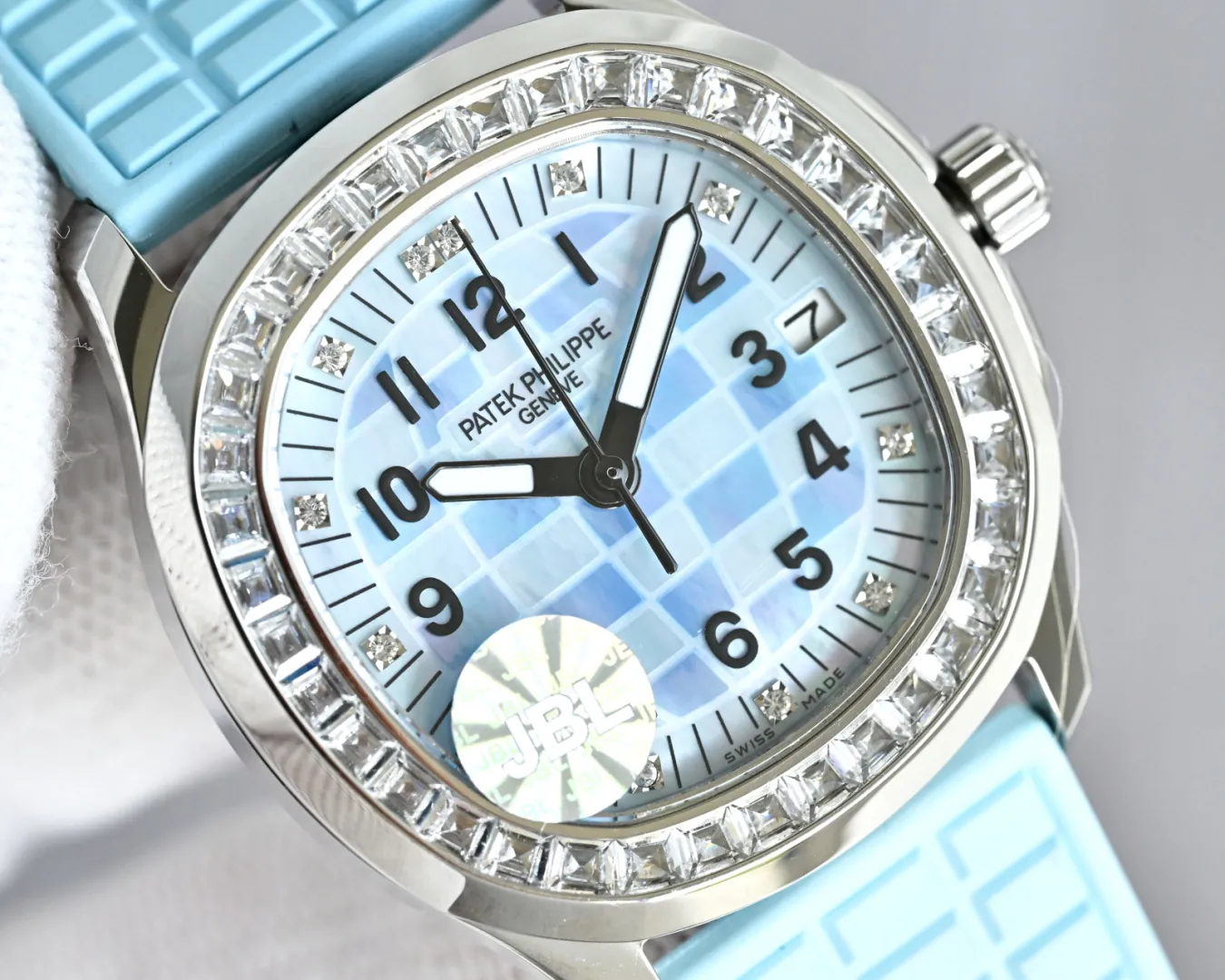 JBL Factory Replica Patek Philippe Aquanaut Luce 5072G-001 Blue Checkered Dial Diamond Bezel Ladies Watch macro dial with diamond bezel