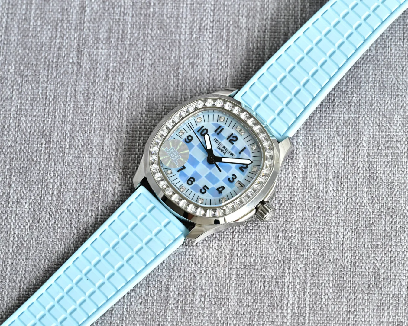 JBL Factory Replica Patek Philippe Aquanaut Luce 5072G-001 Blue Checkered Dial Diamond Bezel Ladies Watch full strap flat lay