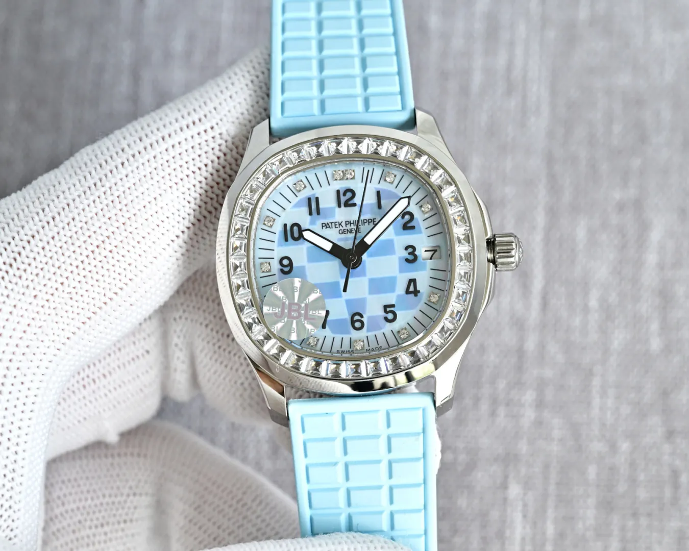 JBL Factory Replica Patek Philippe Aquanaut Luce 5072G-001 Blue Checkered Dial Diamond Bezel Ladies Watch angled view on wrist