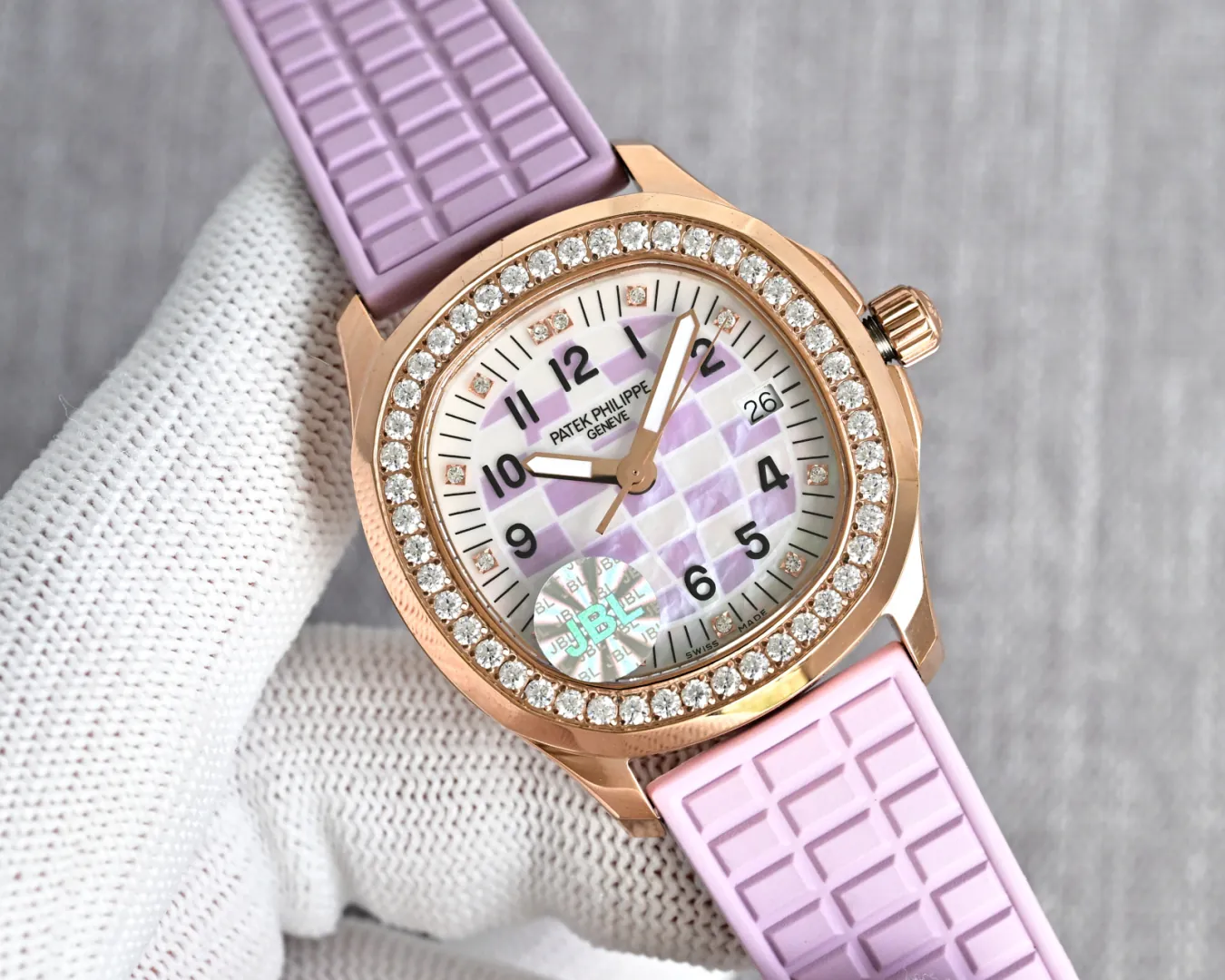 Luxury Patek Philippe Aquanaut Luce 5072R-001 Replica – Purple Mother-of-pearl Dial Ladies Watch, angled bezel view 1