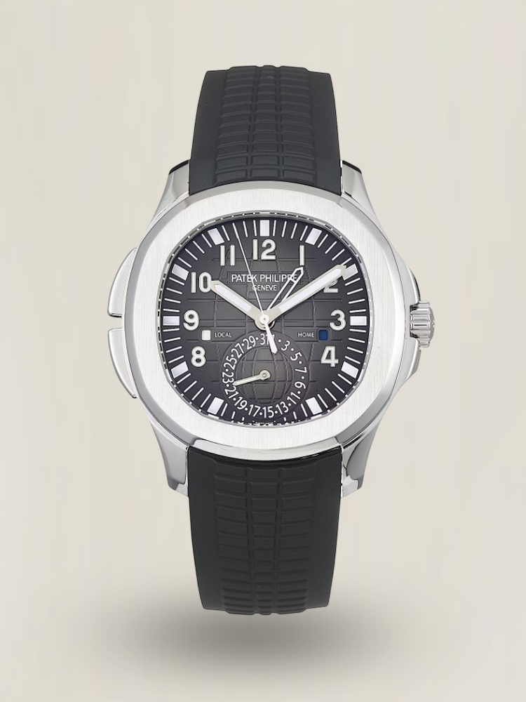Luxury Patek Philippe Aquanaut 5164A-001 Replica Black Embossed Dial Black Rubber Strap Travel Time Watch First Image