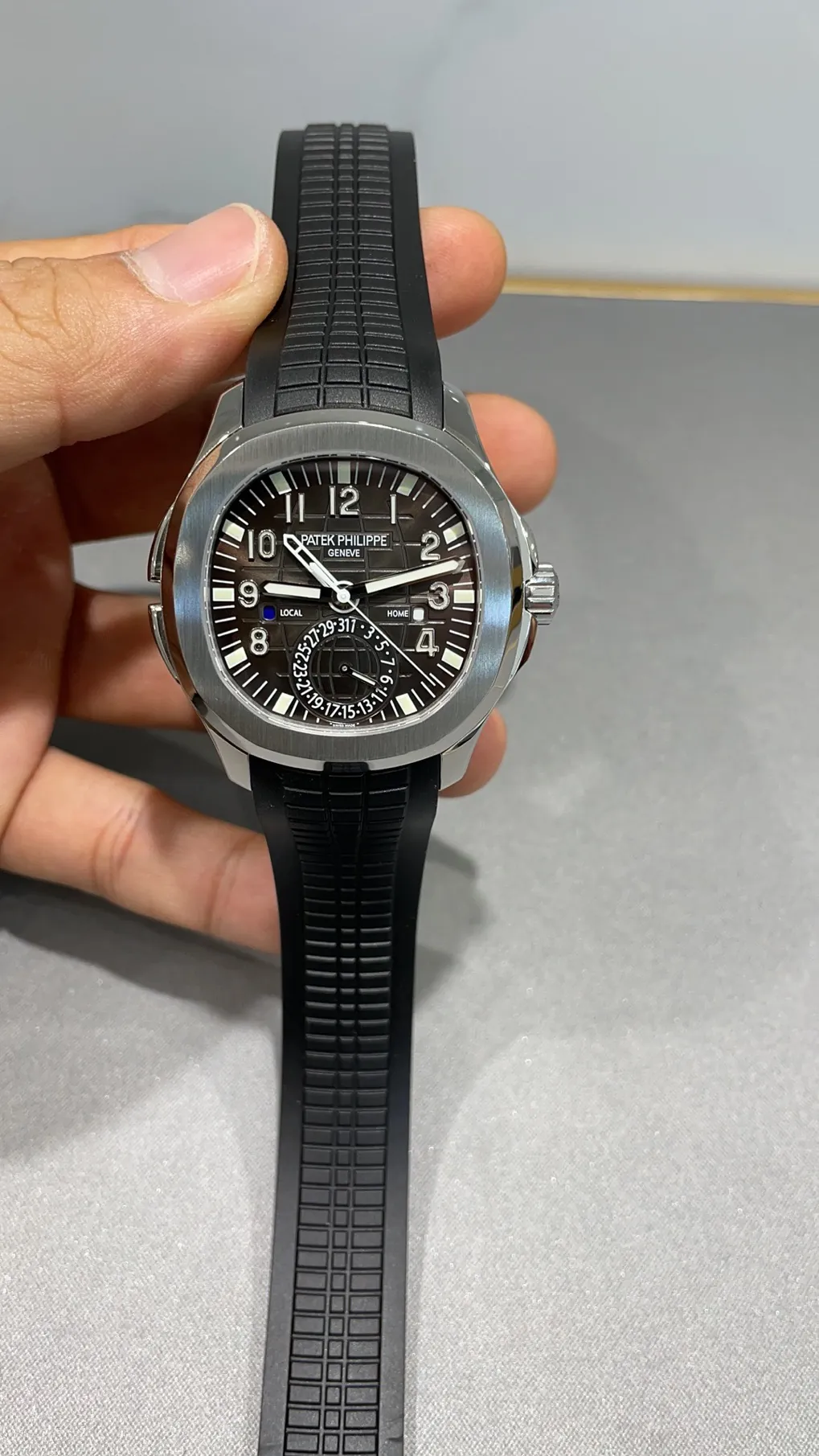 Luxury Patek Philippe Aquanaut 5164A-001 Replica Black Embossed Dial Black Rubber Strap Travel Time Watch Front View