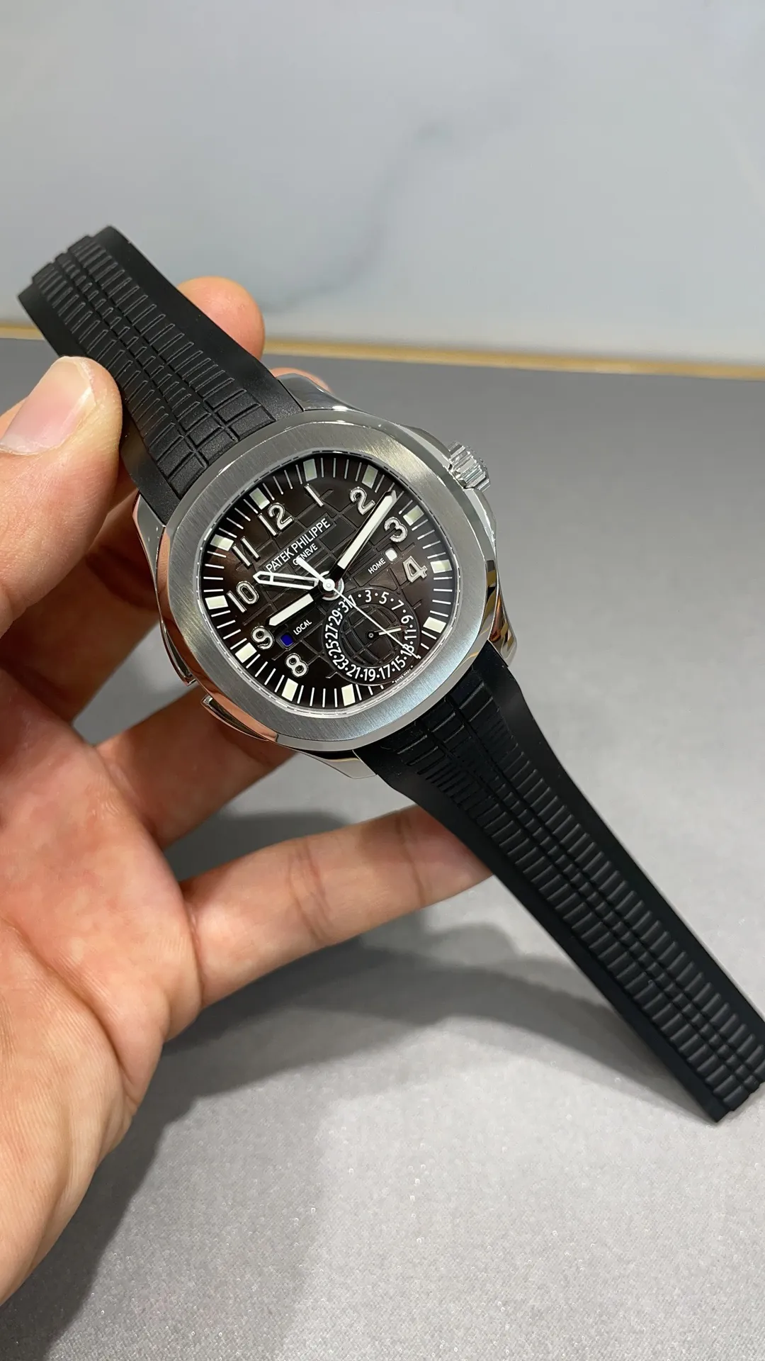 Luxury Patek Philippe Aquanaut 5164A-001 Replica Black Embossed Dial Black Rubber Strap Travel Time Watch Dial Side View