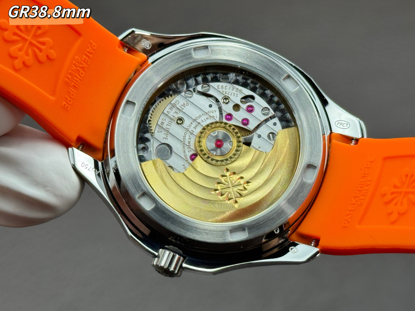 GR Factory Luxury Patek Philippe Aquanaut 5167/300G Replica Black Dial Baguette Diamond Bezel Orange Rubber Strap Watch Case Back