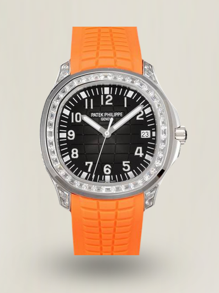 GR Factory Luxury Patek Philippe Aquanaut 5167/300G Replica Black Dial Baguette Diamond Bezel Orange Rubber Strap Watch Main Image