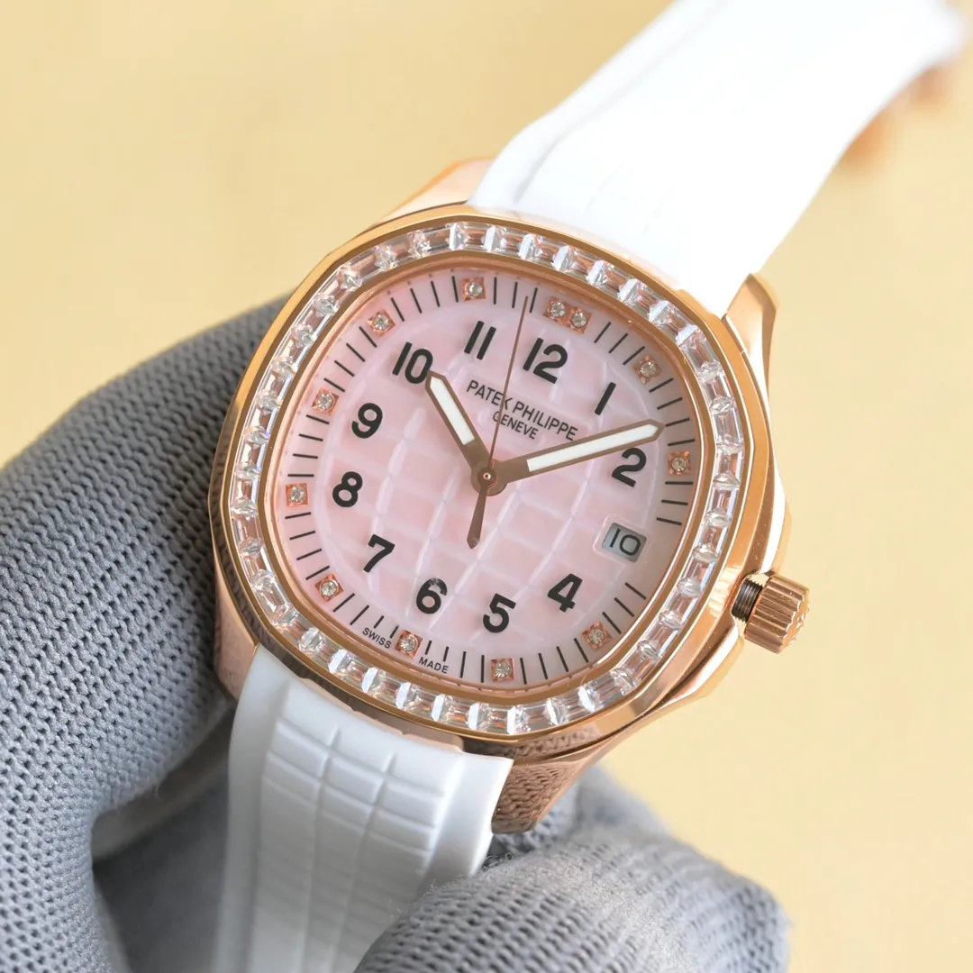 Super Clone Patek Philippe Aquanaut Luce 5072R Replica Light Pink Mother-of-Pearl Dial Diamond Bezel Luxury Watch Dial Side View 3