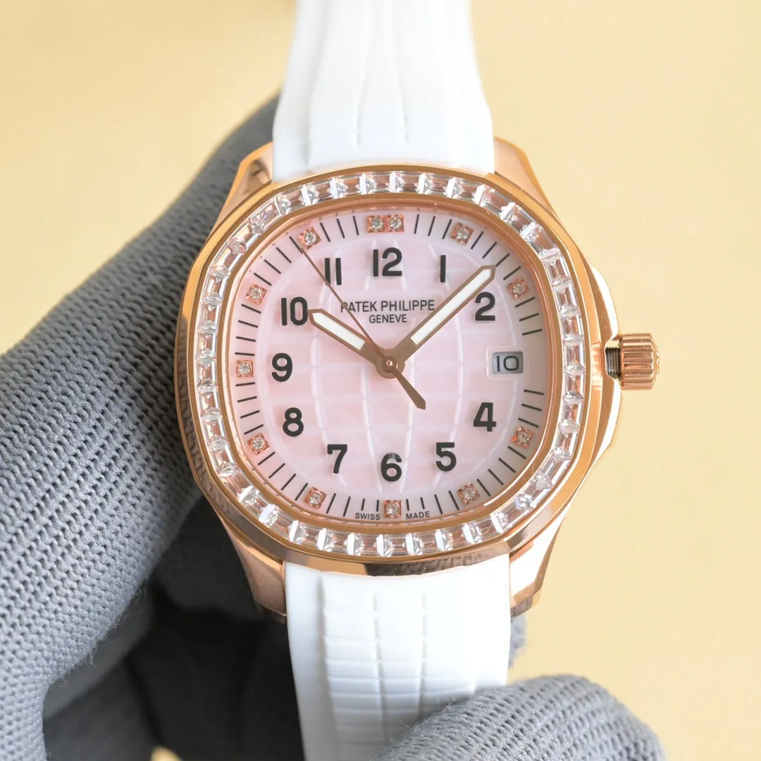 Super Clone Patek Philippe Aquanaut Luce 5072R Replica Light Pink Mother-of-Pearl Dial Diamond Bezel Luxury Watch Front View