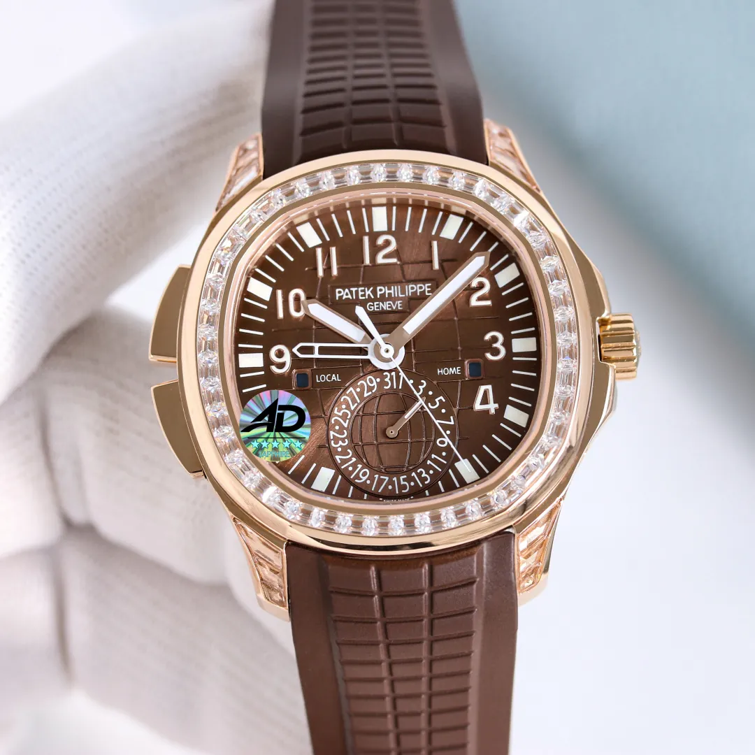 AD Factory Patek Philippe Aquanaut 5164R-001 Replica Deep Brown Embossed Grid Dial Brown Rubber Strap Travel Time Watch Front View